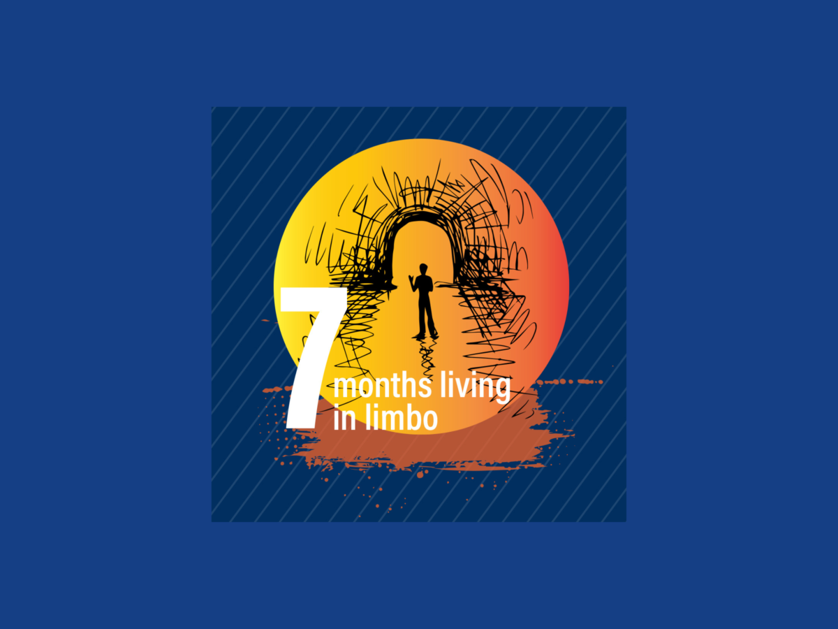 Graphic of person outside tunnel with title '7 months living in limbo'