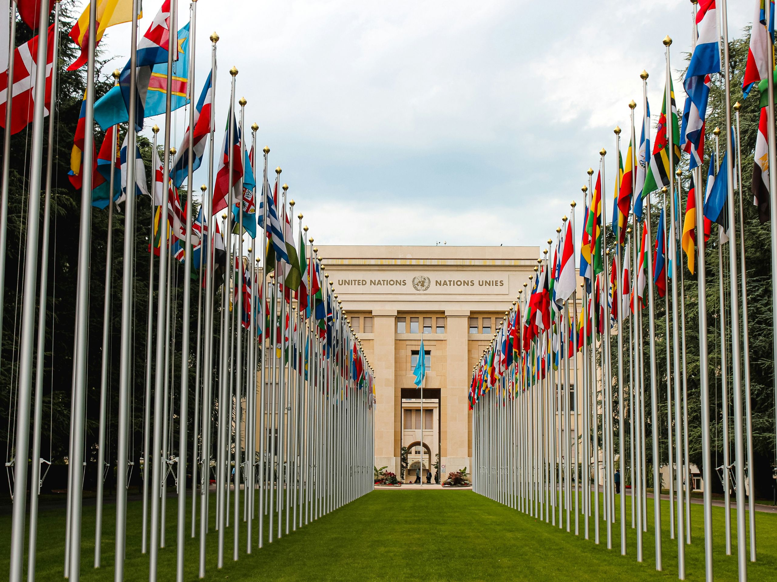 Row of flagpoles with different countries flags outside the United Nations building
