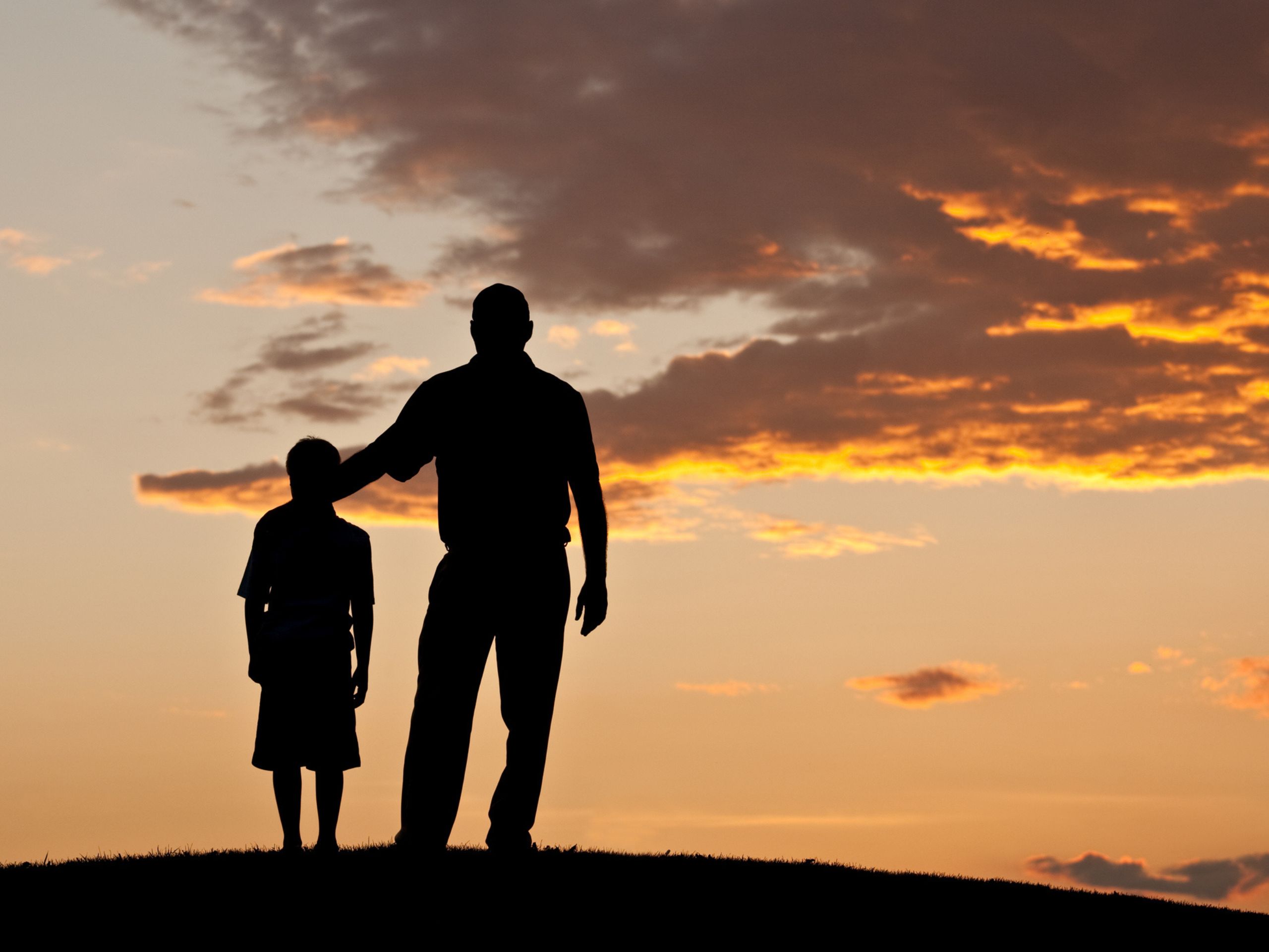 Father and son silhouette against sunset sky