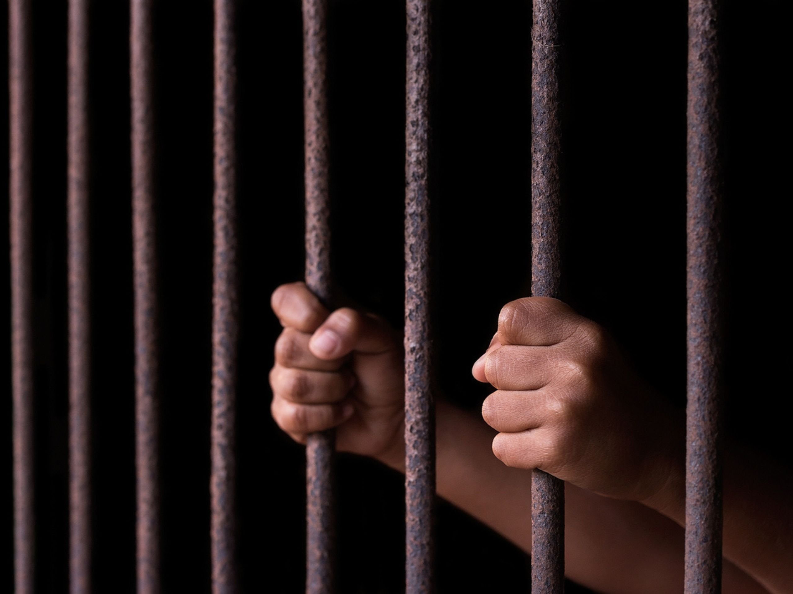 A boy's hands gripping a cage